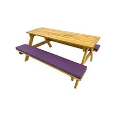 F-BK301-PR Type 1 Picnic bench in light stained wood. Seats 6-8 people with a combination of purple seat pads 